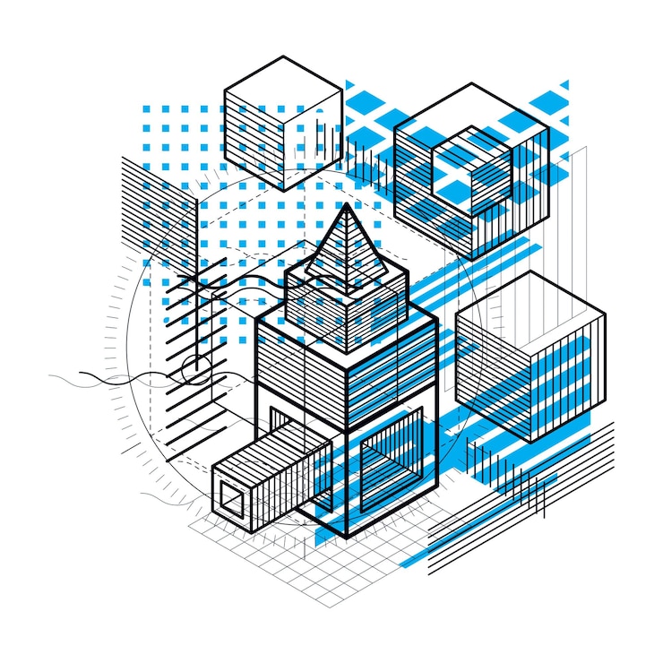 Vector isometric abstract background with linear dimensional shapes, vector 3d mesh elements. composition of cubes, hexagons, squares, rectangles and different abstract elements.