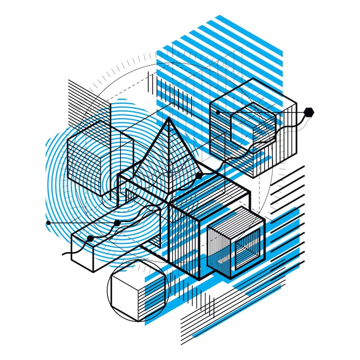 Vector isometric abstract background with linear dimensional shapes, vector 3d mesh elements. composition of cubes, hexagons, squares, rectangles and different abstract elements.