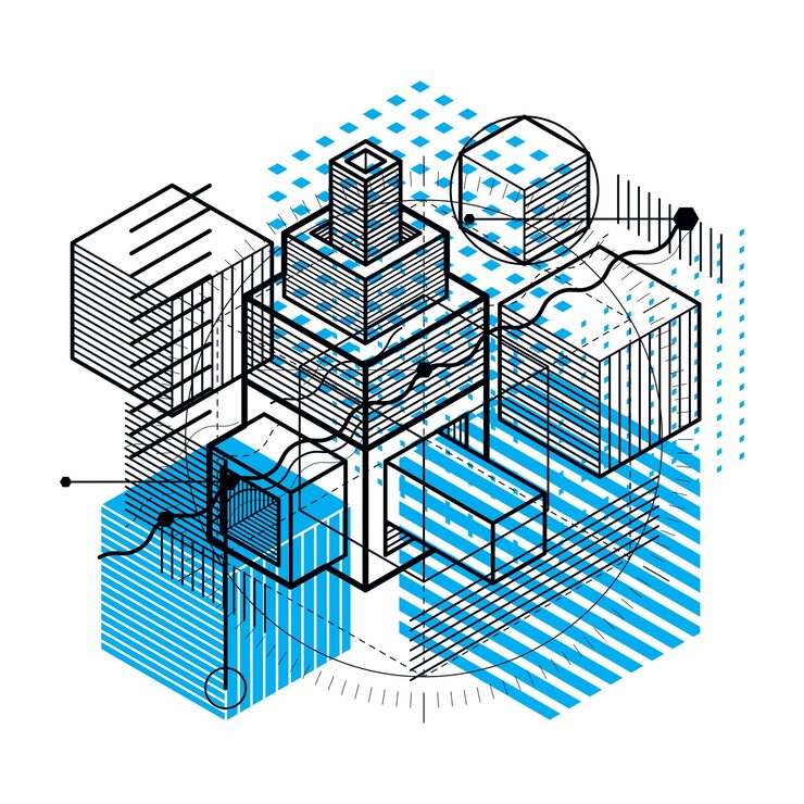 Vector isometric abstract background with linear dimensional shapes, vector 3d mesh elements. composition of cubes, hexagons, squares, rectangles and different abstract elements.