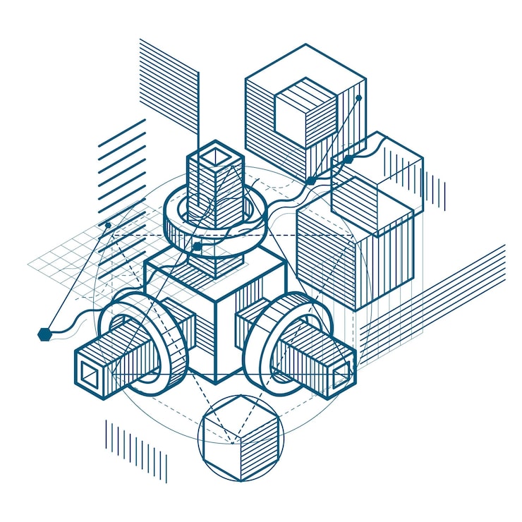 Vector isometric abstract background with linear dimensional shapes, vector 3d mesh elements. composition of cubes, hexagons, squares, rectangles and different abstract elements.