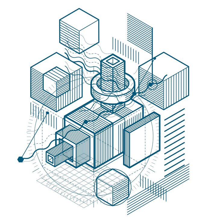 Vector isometric abstract background with linear dimensional shapes, vector 3d mesh elements. composition of cubes, hexagons, squares, rectangles and different abstract elements.