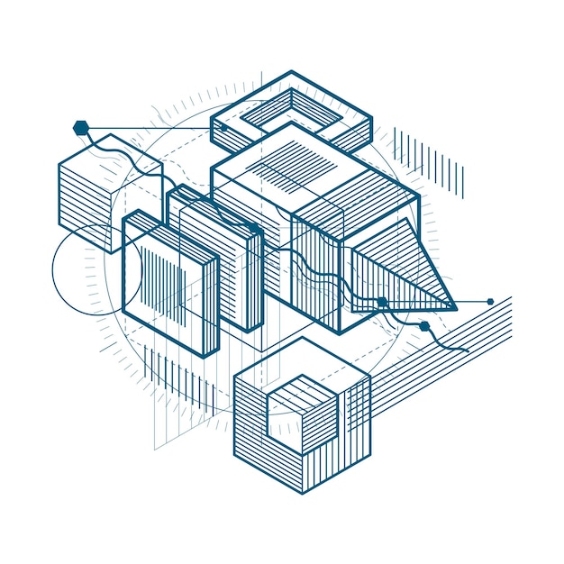 Isometric abstract background with linear dimensional shapes, vector 3d mesh elements. Composition of cubes, hexagons, squares, rectangles and different abstract elements.