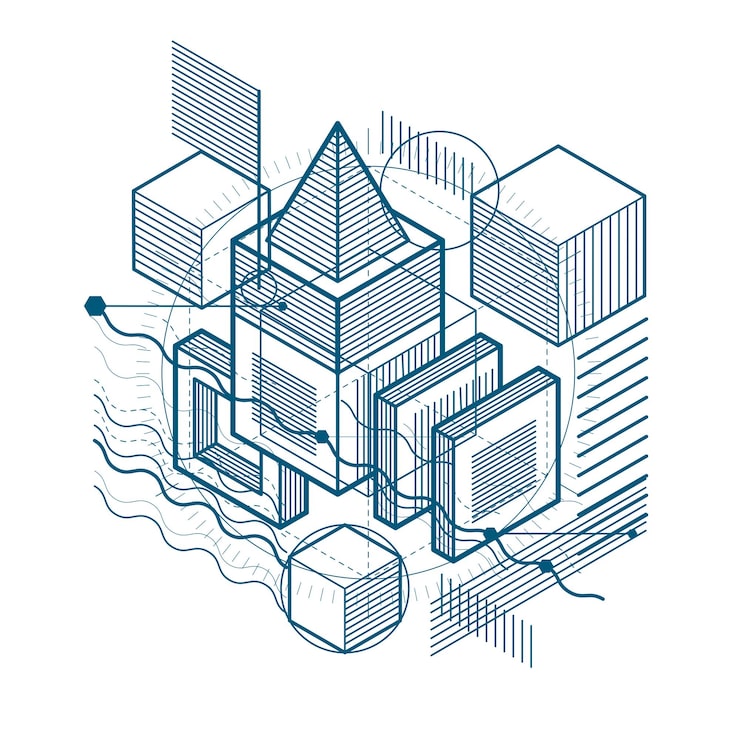 Vector isometric abstract background with linear dimensional shapes, vector 3d mesh elements. composition of cubes, hexagons, squares, rectangles and different abstract elements.