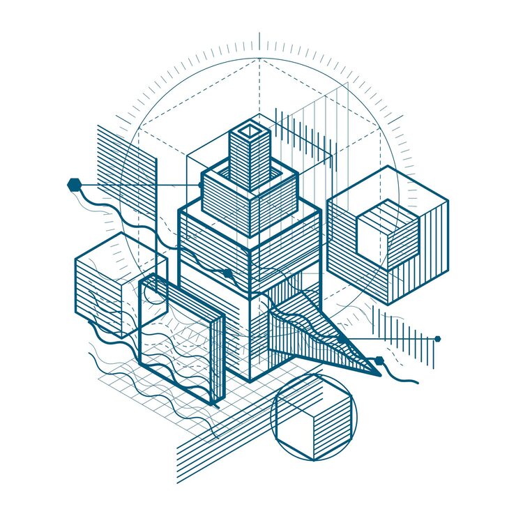 Vector isometric abstract background with linear dimensional shapes, vector 3d mesh elements. composition of cubes, hexagons, squares, rectangles and different abstract elements.
