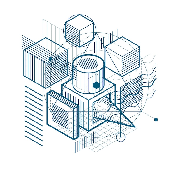 Vector isometric abstract background with linear dimensional shapes, vector 3d mesh elements. composition of cubes, hexagons, squares, rectangles and different abstract elements.