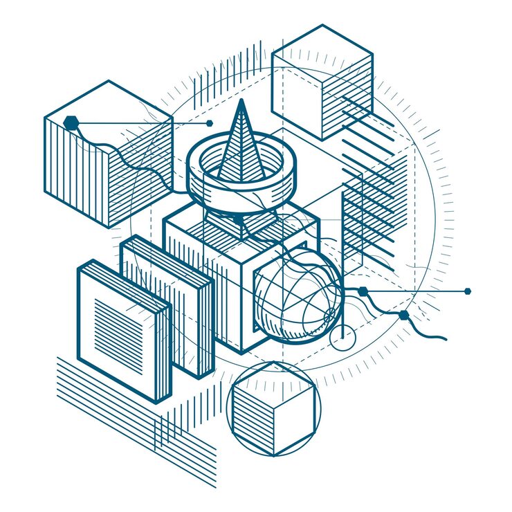 Vector isometric abstract background with linear dimensional shapes, vector 3d mesh elements. composition of cubes, hexagons, squares, rectangles and different abstract elements.