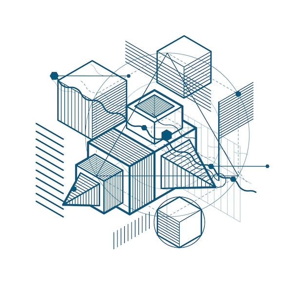 선형 차원 모양, 벡터 3d 메쉬 요소와 아이소메트릭 추상적인 배경. 큐브, 육각형, 사각형, 사각형 및 다른 추상 요소의 구성.