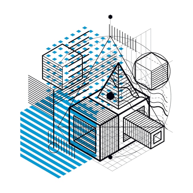 Vector isometric abstract background with linear dimensional shapes, vector 3d mesh elements. composition of cubes, hexagons, squares, rectangles and different abstract elements.