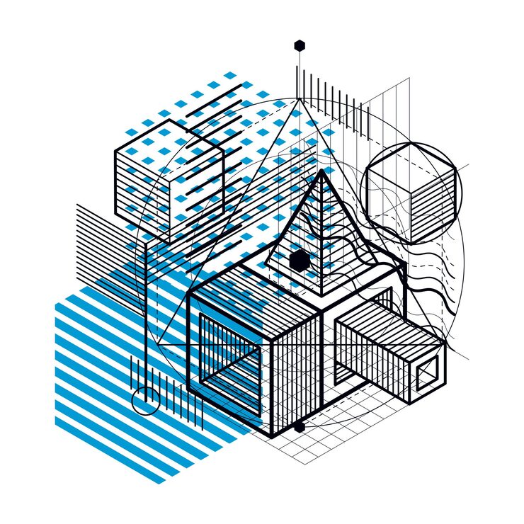 Vector isometric abstract background with linear dimensional shapes, vector 3d mesh elements. composition of cubes, hexagons, squares, rectangles and different abstract elements.