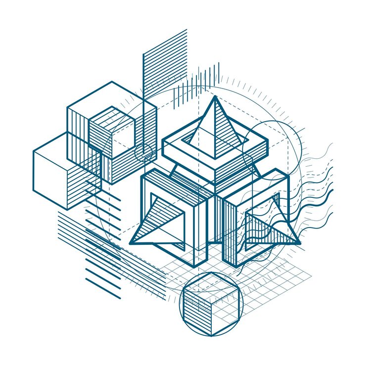 Vector isometric abstract background with linear dimensional shapes, vector 3d mesh elements. composition of cubes, hexagons, squares, rectangles and different abstract elements.