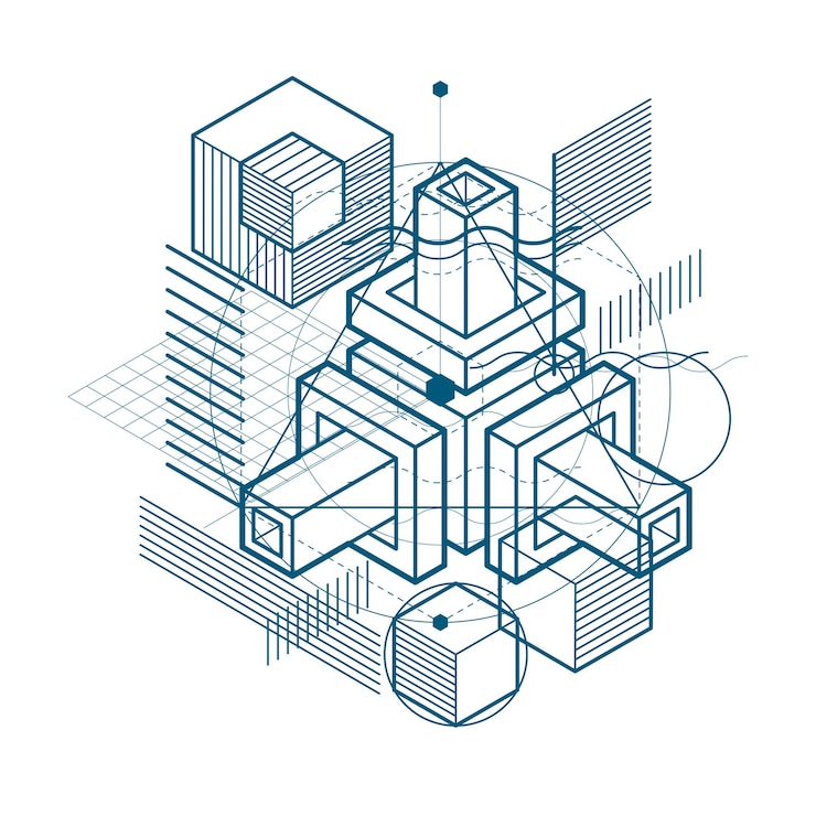 Vector isometric abstract background with linear dimensional shapes, vector 3d mesh elements. composition of cubes, hexagons, squares, rectangles and different abstract elements.