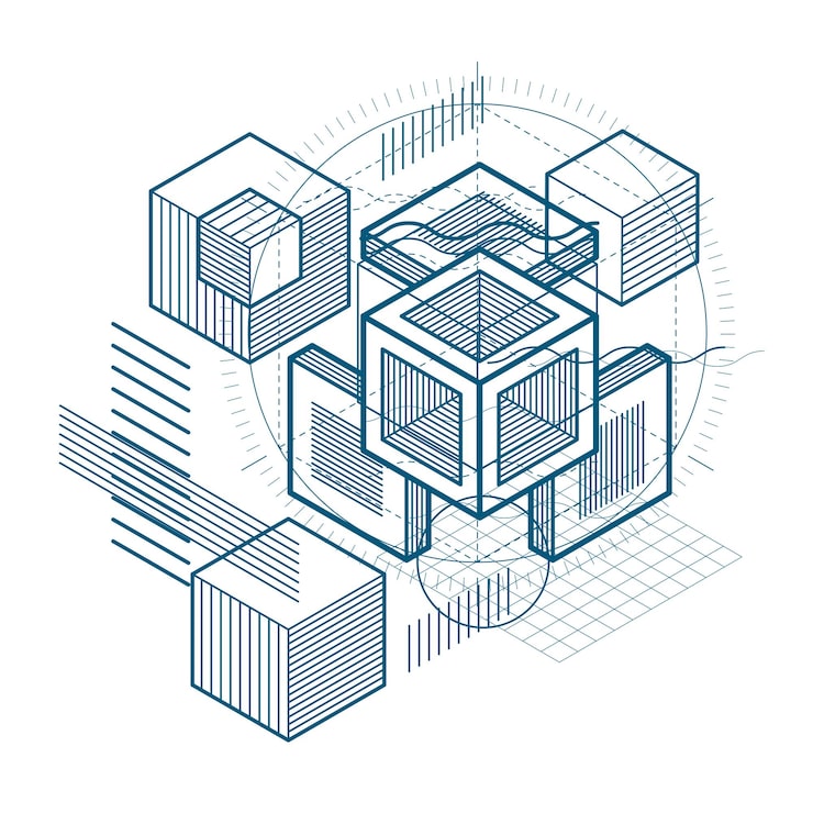 Vector isometric abstract background with linear dimensional shapes, vector 3d mesh elements. composition of cubes, hexagons, squares, rectangles and different abstract elements.