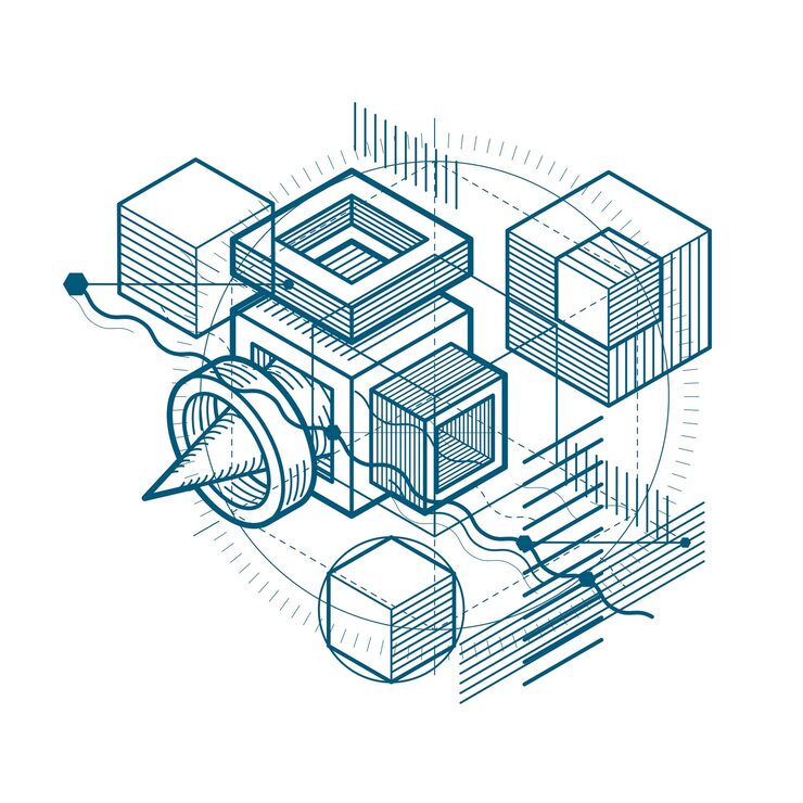 Vector isometric abstract background with linear dimensional shapes, vector 3d mesh elements. composition of cubes, hexagons, squares, rectangles and different abstract elements.