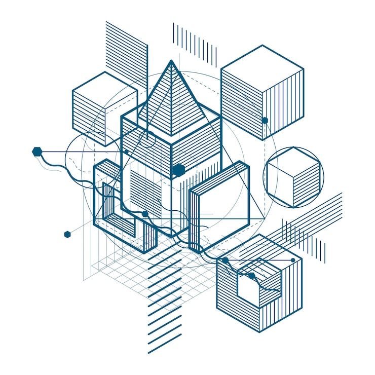 Vector isometric abstract background with linear dimensional shapes, vector 3d mesh elements. composition of cubes, hexagons, squares, rectangles and different abstract elements.
