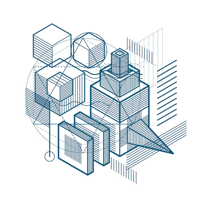 Vector isometric abstract background with linear dimensional shapes, vector 3d mesh elements. composition of cubes, hexagons, squares, rectangles and different abstract elements.