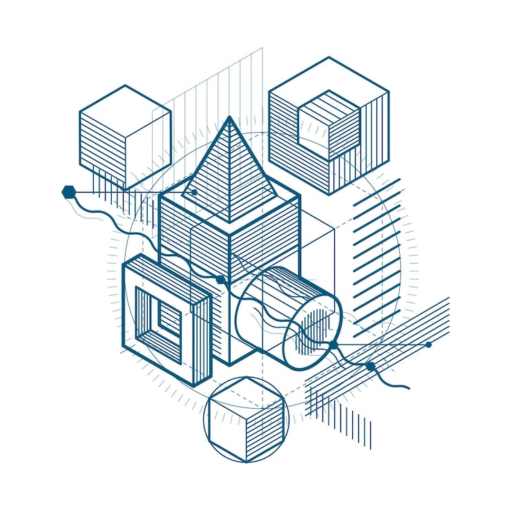 Vector isometric abstract background with linear dimensional shapes, vector 3d mesh elements. composition of cubes, hexagons, squares, rectangles and different abstract elements.