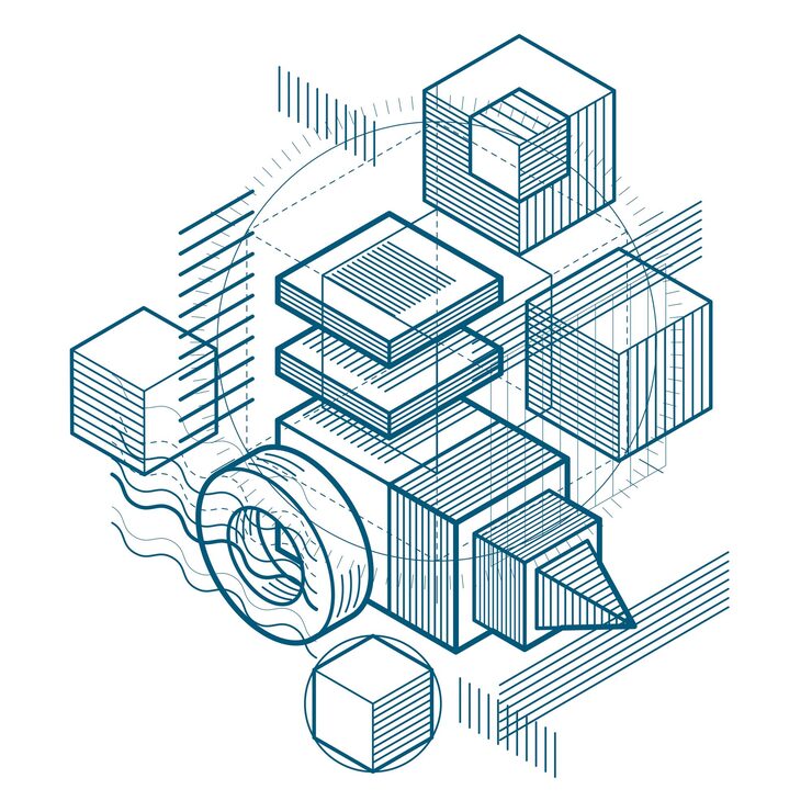 Vector isometric abstract background with linear dimensional shapes, vector 3d mesh elements. composition of cubes, hexagons, squares, rectangles and different abstract elements.