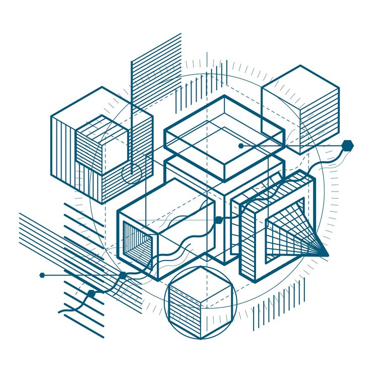 Vector isometric abstract background with linear dimensional shapes, vector 3d mesh elements. composition of cubes, hexagons, squares, rectangles and different abstract elements.