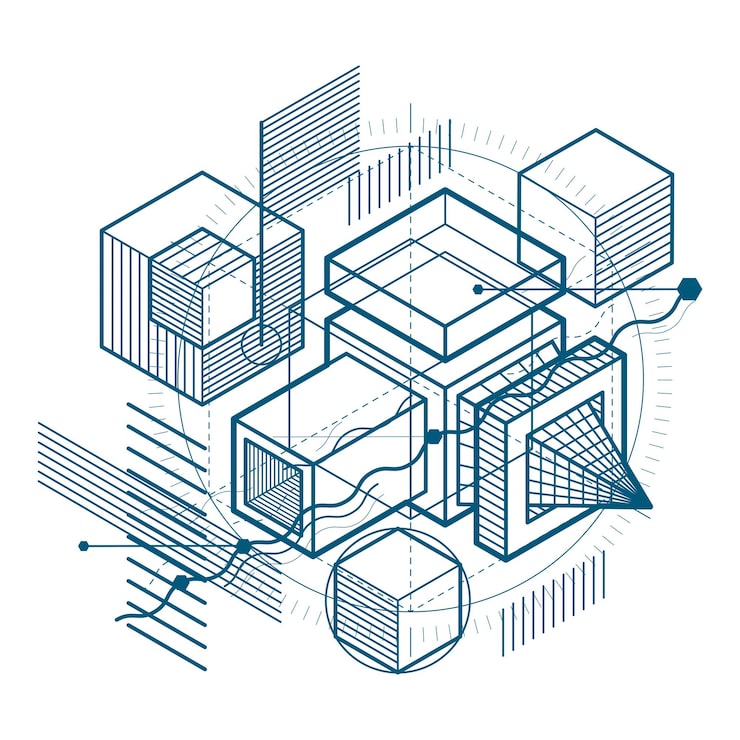 Vector isometric abstract background with linear dimensional shapes, vector 3d mesh elements. composition of cubes, hexagons, squares, rectangles and different abstract elements.