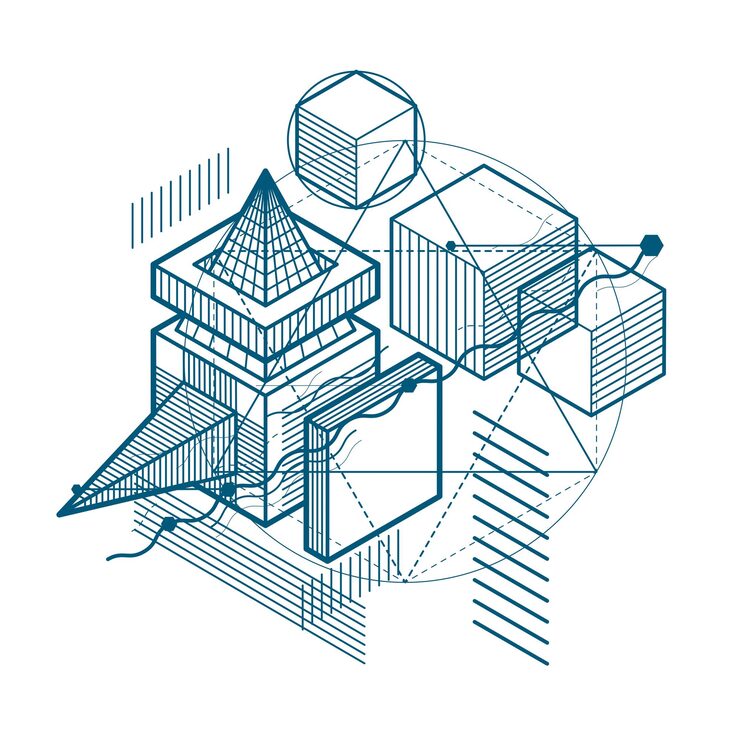 Vector isometric abstract background with linear dimensional shapes, vector 3d mesh elements. composition of cubes, hexagons, squares, rectangles and different abstract elements.