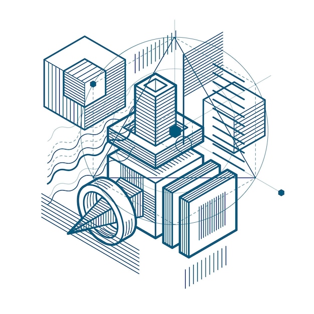 isometric abstract background with linear dimensional shapes, vector 3d mesh elements. composition of cubes, hexagons, squares, rectangles and different abstract elements.