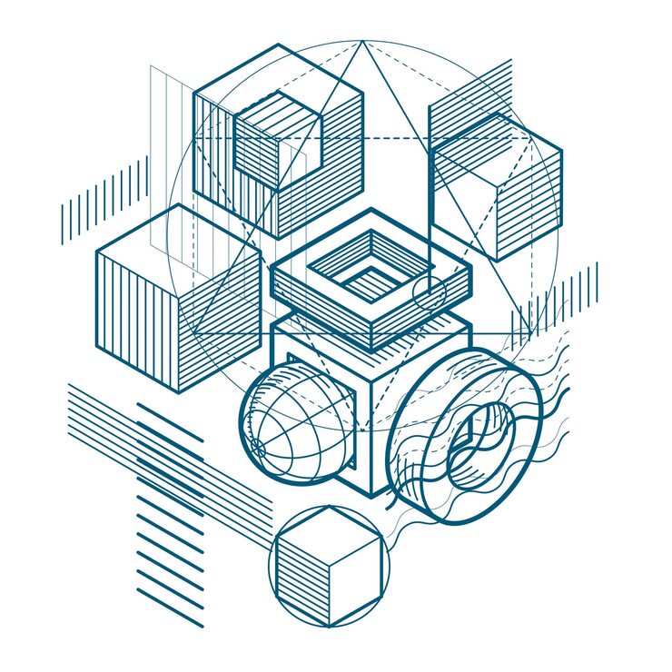 Vector isometric abstract background with linear dimensional shapes, vector 3d mesh elements. composition of cubes, hexagons, squares, rectangles and different abstract elements.