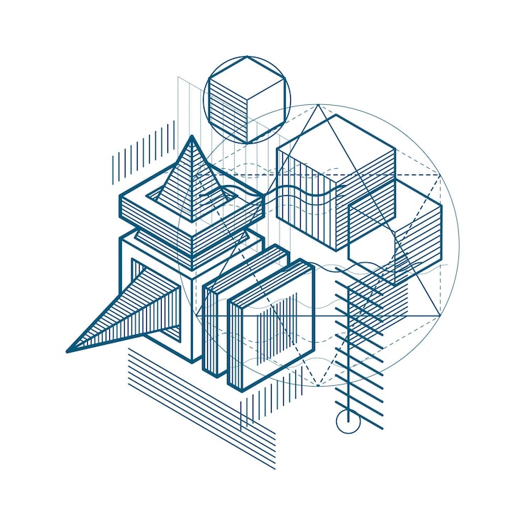 Vector isometric abstract background with linear dimensional shapes, vector 3d mesh elements. composition of cubes, hexagons, squares, rectangles and different abstract elements.