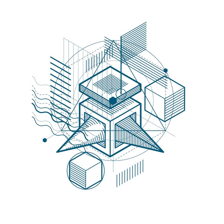 Vector isometric abstract background with linear dimensional shapes, vector 3d mesh elements. composition of cubes, hexagons, squares, rectangles and different abstract elements.