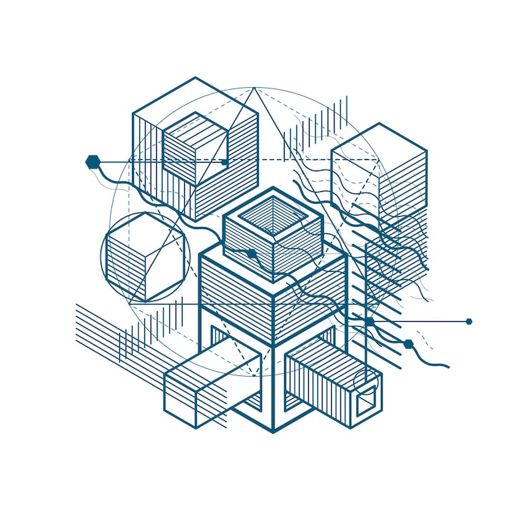 Vector isometric abstract background with linear dimensional shapes, vector 3d mesh elements. composition of cubes, hexagons, squares, rectangles and different abstract elements.