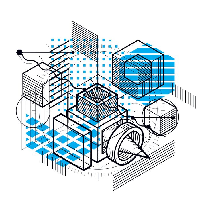 Vector isometric abstract background with linear dimensional shapes, vector 3d mesh elements. composition of cubes, hexagons, squares, rectangles and different abstract elements.