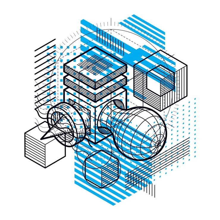 Vector isometric abstract background with linear dimensional shapes, vector 3d mesh elements. composition of cubes, hexagons, squares, rectangles and different abstract elements.