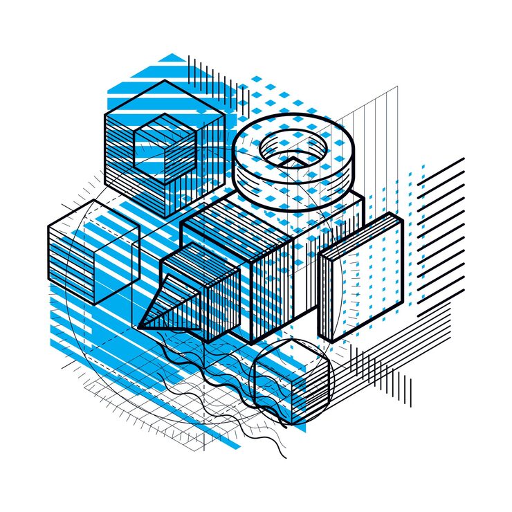 Vector isometric abstract background with linear dimensional shapes, vector 3d mesh elements. composition of cubes, hexagons, squares, rectangles and different abstract elements.