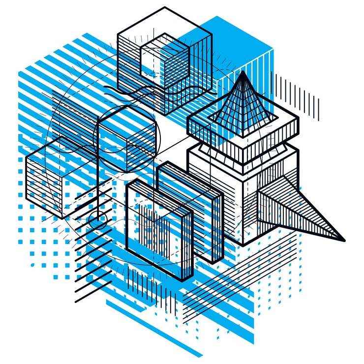 Vector isometric abstract background with linear dimensional shapes, vector 3d mesh elements. composition of cubes, hexagons, squares, rectangles and different abstract elements.