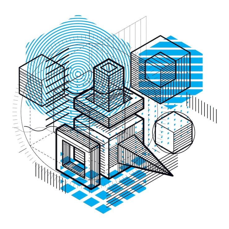 Vector isometric abstract background with linear dimensional shapes, vector 3d mesh elements. composition of cubes, hexagons, squares, rectangles and different abstract elements.