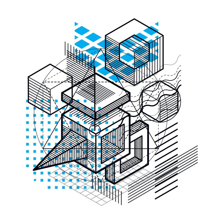 Vector isometric abstract background with linear dimensional shapes, vector 3d mesh elements. composition of cubes, hexagons, squares, rectangles and different abstract elements.
