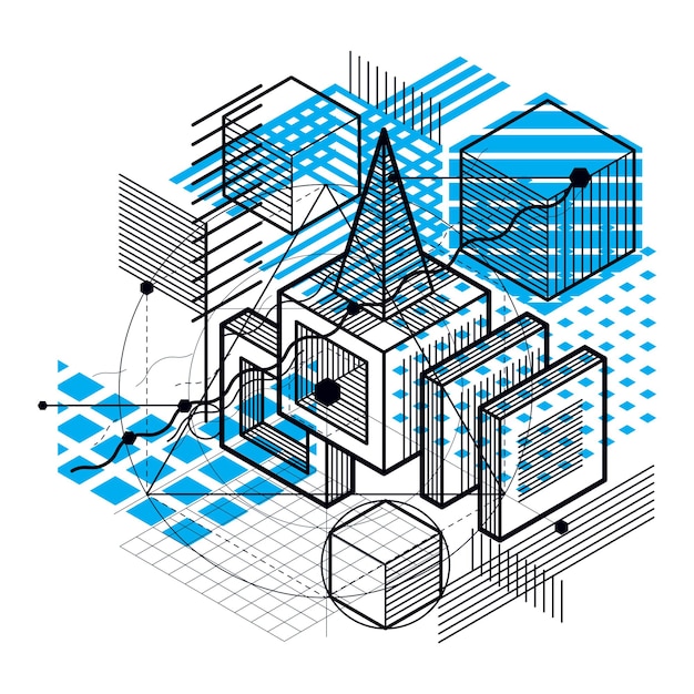 Vector isometric abstract background with linear dimensional shapes, vector 3d mesh elements. composition of cubes, hexagons, squares, rectangles and different abstract elements.