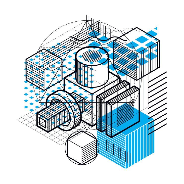 Vector isometric abstract background with linear dimensional shapes, vector 3d mesh elements. composition of cubes, hexagons, squares, rectangles and different abstract elements.
