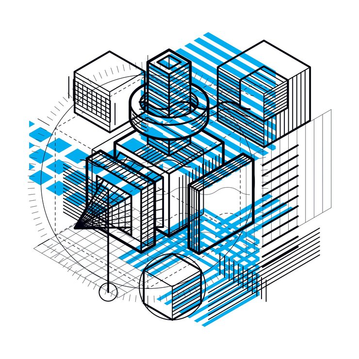 Vector isometric abstract background with linear dimensional shapes, vector 3d mesh elements. composition of cubes, hexagons, squares, rectangles and different abstract elements.