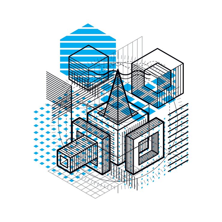 Vector isometric abstract background with linear dimensional shapes, vector 3d mesh elements. composition of cubes, hexagons, squares, rectangles and different abstract elements.