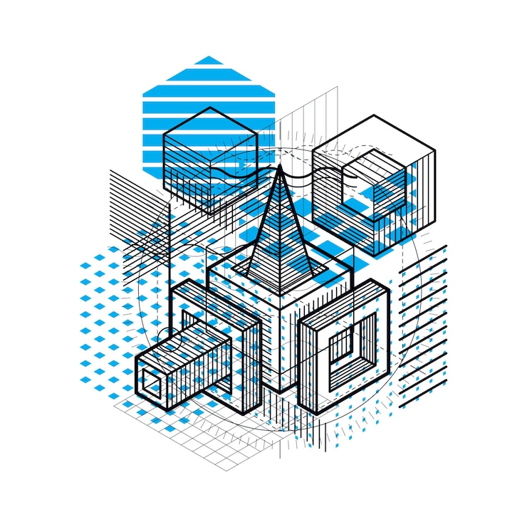 Vector isometric abstract background with linear dimensional shapes, vector 3d mesh elements. composition of cubes, hexagons, squares, rectangles and different abstract elements.