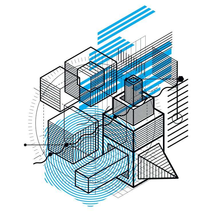 Vector isometric abstract background with linear dimensional shapes, vector 3d mesh elements. composition of cubes, hexagons, squares, rectangles and different abstract elements.