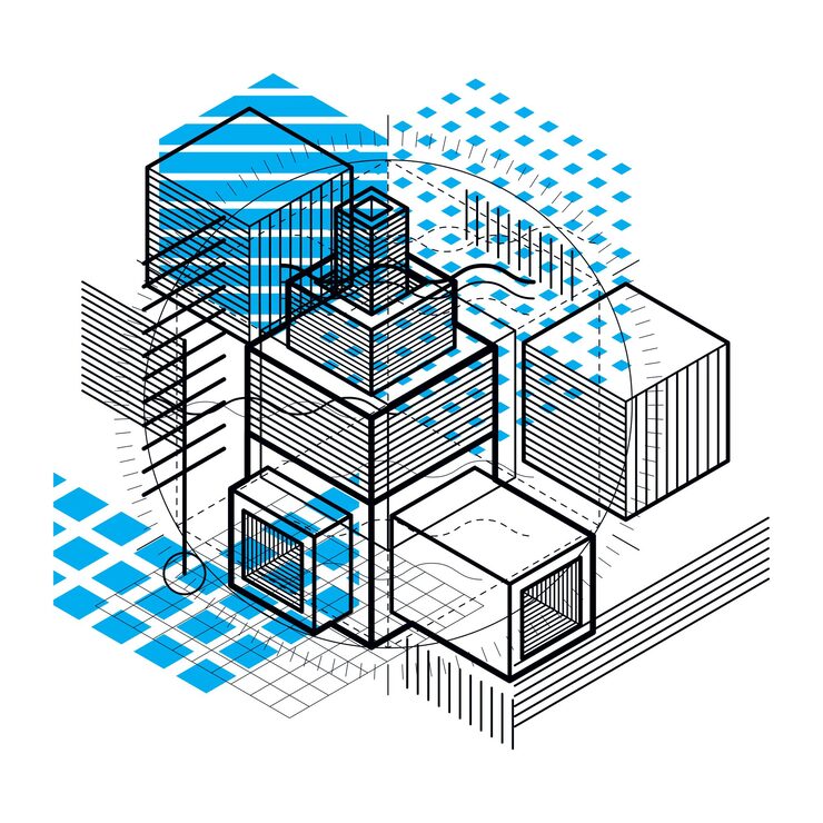 Vector isometric abstract background with linear dimensional shapes, vector 3d mesh elements. composition of cubes, hexagons, squares, rectangles and different abstract elements.
