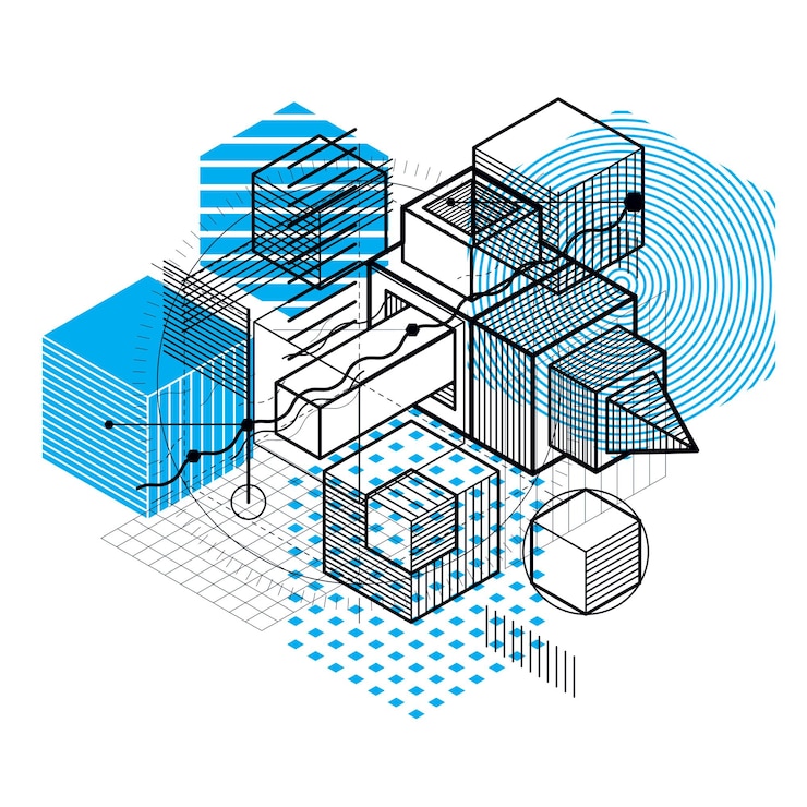 Vector isometric abstract background with linear dimensional shapes, vector 3d mesh elements. composition of cubes, hexagons, squares, rectangles and different abstract elements.