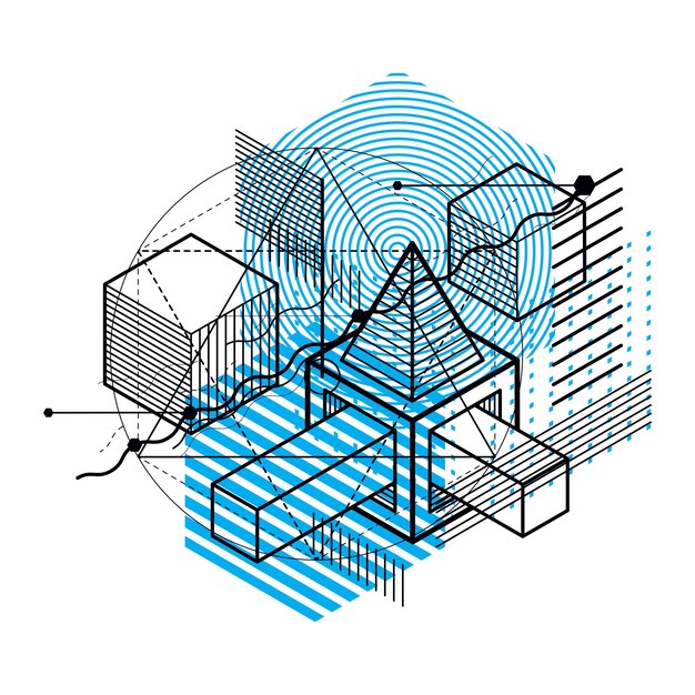 Вектор Изометрический абстрактный фон с линейными размерными формами, векторными элементами 3d сетки. состав кубов, шестиугольников, квадратов, прямоугольников и различных абстрактных элементов.