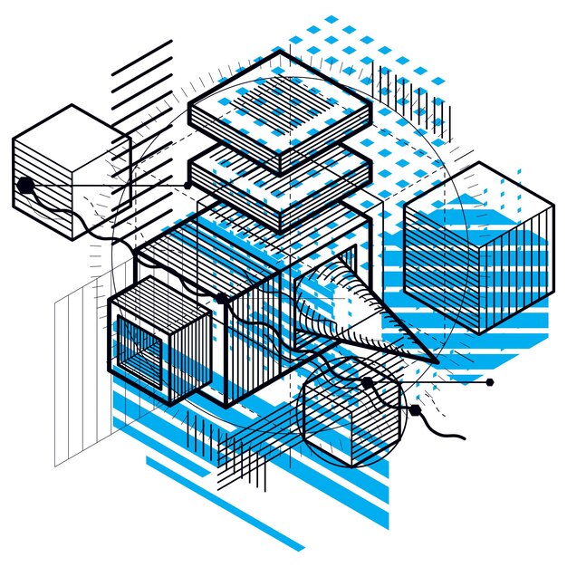 Isometric abstract background with lines and other different elements, vector abstract template. Composition of cubes, hexagons, squares, rectangles and different abstract elements.