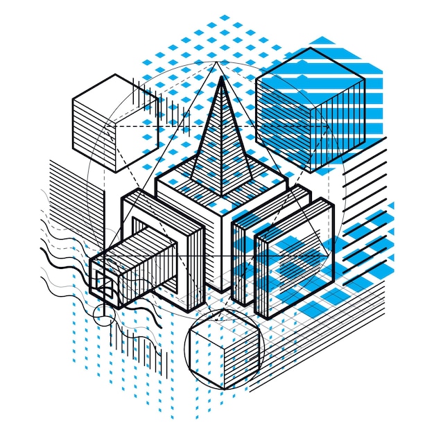 Isometric abstract background with lines and other different elements, vector abstract template. composition of cubes, hexagons, squares, rectangles and different abstract elements.