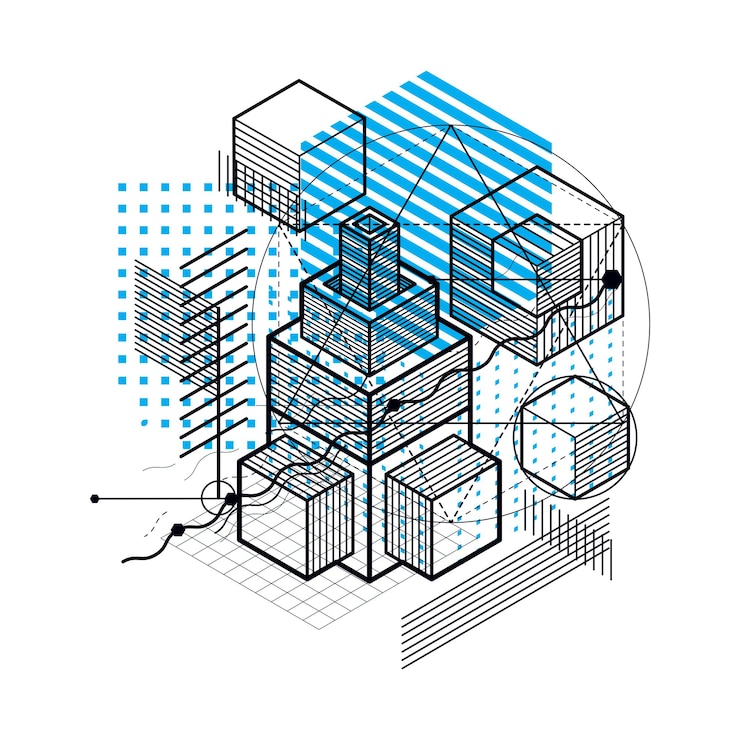 Vector isometric abstract background with lines and other different elements, vector abstract template. composition of cubes, hexagons, squares, rectangles and different abstract elements.