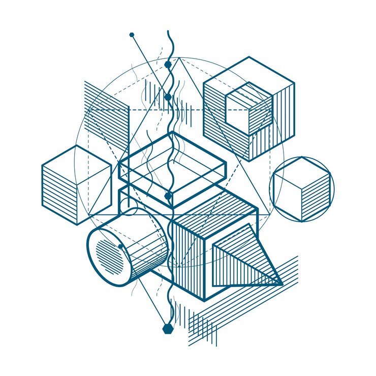 Vector isometric abstract background with lines and other different elements, vector abstract template. composition of cubes, hexagons, squares, rectangles and different abstract elements.