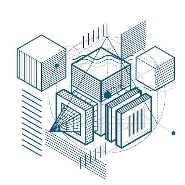 Isometric abstract background with lines and other different elements, vector abstract template. Composition of cubes, hexagons, squares, rectangles and different abstract elements.