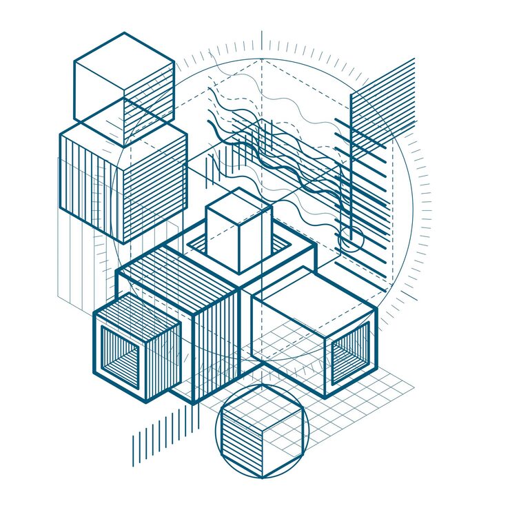 Vector 선 및 기타 다른 요소가 있는 아이소메트릭 추상 배경, 벡터 추상 템플릿. 큐브, 육각형, 정사각형, 직사각형 및 다양한 추상 요소로 구성됩니다.